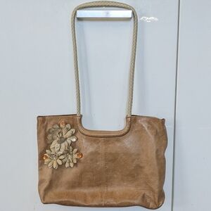 Vintage Leather Boho Floral Beaded Braided Leather Strap Tote Bag Tan